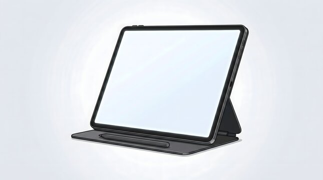 A sleek black tablet stands on a stand with its screen facing forward