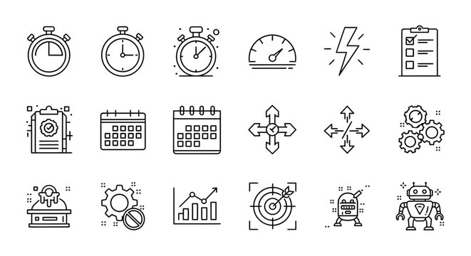 Modern linear icons collection for ui ux design displaying automation workflow analysis and project schedules.