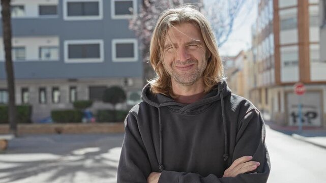 Man with long blond hair and arms crossed, smiling with hands visible, wearing a dark hoodie while standing on a sunny urban street in front of buildings; everyday contentment.