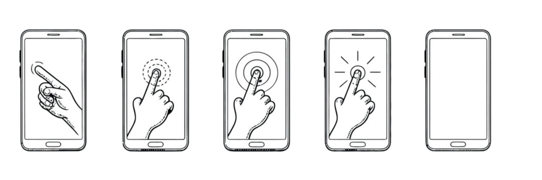 Hand touch screen smartphone icon set with click gestures and mobile interface interaction.