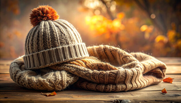 Gorro e cachecol tricotados sobre superf&iacute;cie de madeira