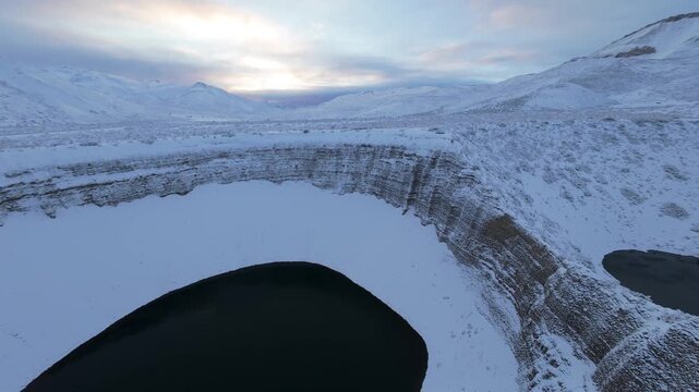 Pozo de las &Aacute;nimas in Mendoza, Argentina, featuring circular collapse sinkhole with dark mineral water surrounded by snowy Andean plateau and eroded geological layers, FPV spin aerial shot.