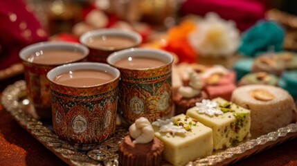 Fototapeta premium Exquisite Close-up of Traditional Indian Sweets and Teas Arranged on Ornate Silver Platter During Festive Celebration with Colorful Decor