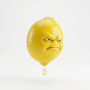 A sour lemon with a frowning face is dripping juice downwards on a plain surface.