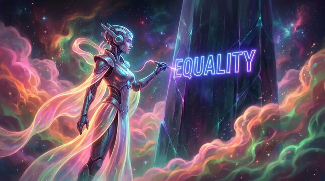 Women&rsquo;s equality: futuristic figure with cosmic energy carving equality into stone in a surreal nebula landscape