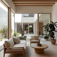 Fototapeta premium Modern Scandinavian interior overlooks bright indoor courtyard space