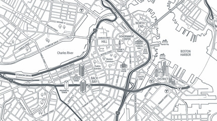 Obraz premium Boston City Map Illustration, Charles River, Boston Harbor, Downtown