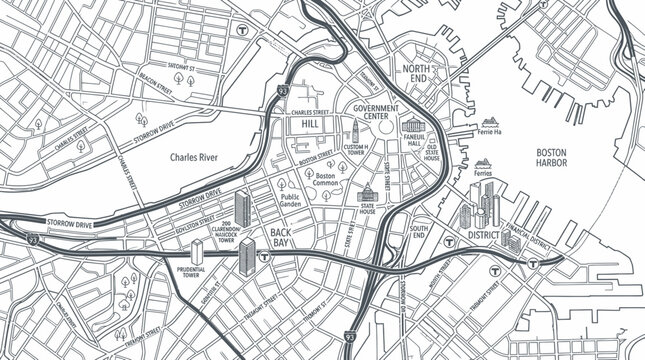 Boston City Map Illustration, Charles River, Boston Harbor, Downtown
