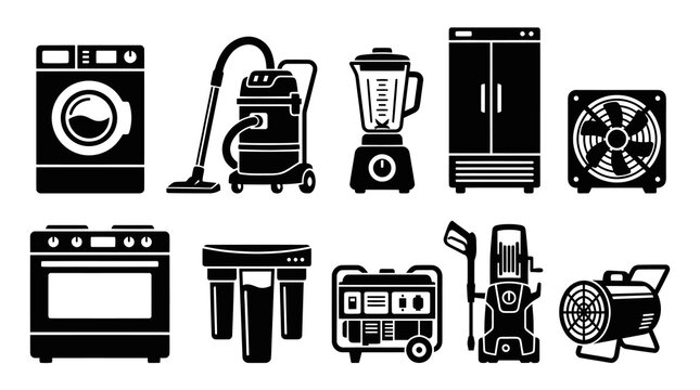 Household and Industrial Power Appliances Solid Silhouette Icons Set