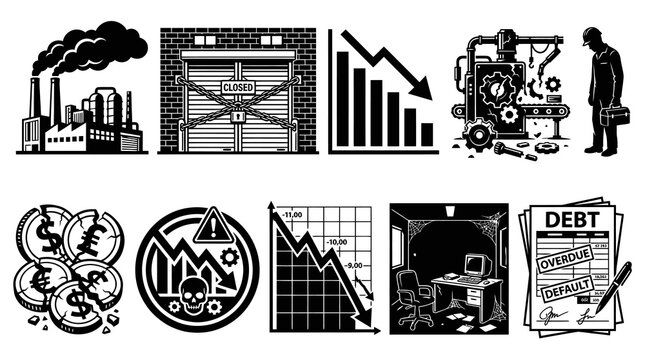 Factory Closing and Financial Debt Crisis Vector Line Art Set