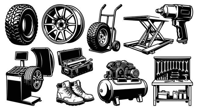 Car Service Equipment and Auto Repair Tools Vector Collection
