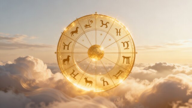 Golden zodiac wheel in sky