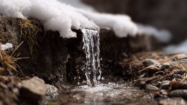 Close up of pure water trickling from melting snow over dark rocks in early spring.