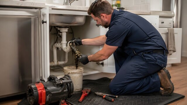 Plumber removing blockage from kitchen sink drain pipe