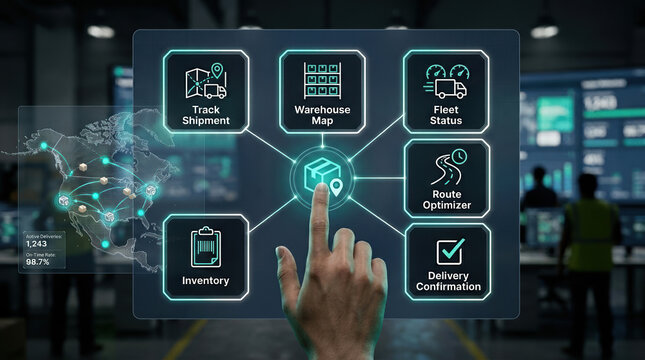 Smart logistics management dashboard with digital interface, supply chain automation system, warehouse tracking and fleet optimization software
