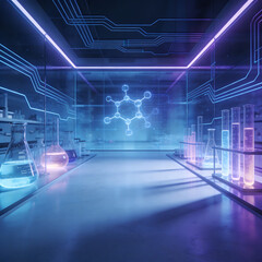 Naklejka premium Futuristic laboratory workspace with high-tech digital lab clean technology background molecular structures visualization