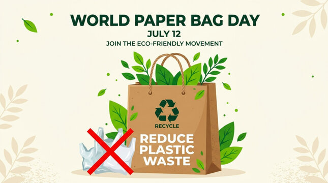 World Paper Bag Day illustration with a brown paper bag recycle symbol and leaves promoting plastic waste reduction for an eco-friendly movement on July 12