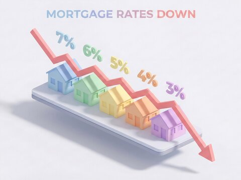 3D illustration of colorful houses with a downward red arrow and percentages indicating falling mortgage rates.