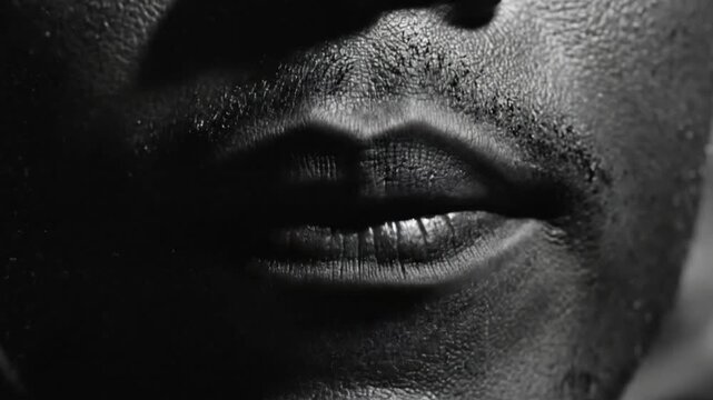 Black and white close up of a person's wet lips and face, evocative artistic portrait