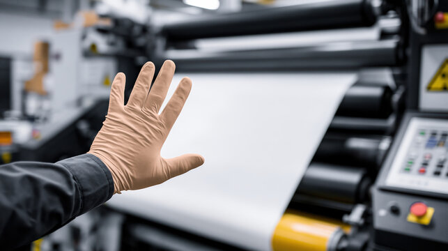 Gloved hand near machine in industrial print shop, pause before pinch point hazard and safety risk