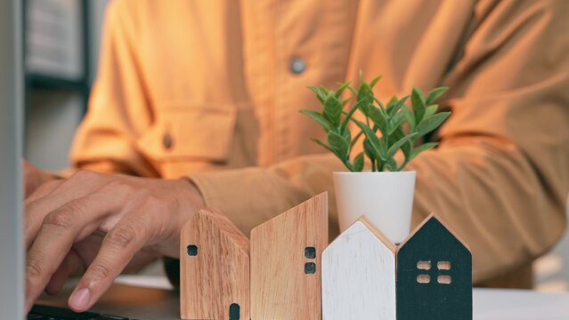 A real estate developer places a small plant on a wooden house model while working on a laptop, highlighting the value of green spaces in residential design, a commitment to environmental well-being.
