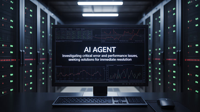 Computer monitor displaying ai agent interface in a server room, with keyboard and mouse on a desk
