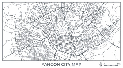 Obraz premium Yangon City Map, Myanmar - Detailed Street Grid and River Navigation