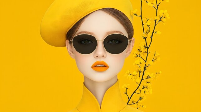 Woman wearing yellow hat and sunglasses with flowers on a yellow background