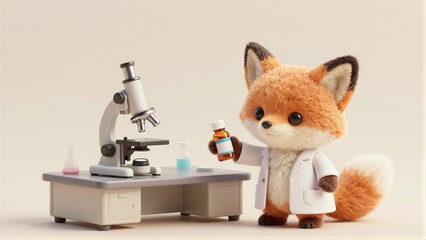 Fototapeta premium Little fox scientist holds bottle stands beside microscope in lab