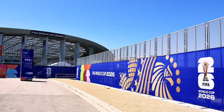 Inglewood, Los Angeles County, California &ndash; June 9, 2026: FIFA World Cup 2026 event branding displayed outside SoFi Stadium in Inglewood, California 
