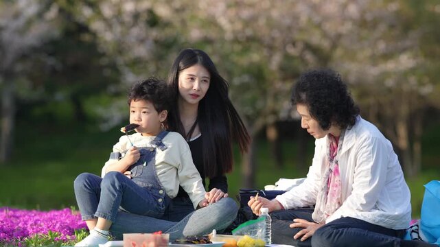 Mother holds child while smiling with friend. Child eats snack, laughing happily. Friend sits nearby, enjoying spring breeze. Cherry blossoms frame cheerful park gathering. Perfect for family, spring