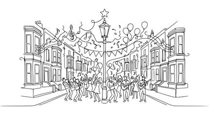 Obraz premium Street Party Celebration with Music, Dancing, and Balloons - Black and White Line Art