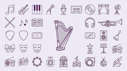 A collection of musical instruments and entertainment icons, including a harp, piano, guitar, and microphone. © KN collection