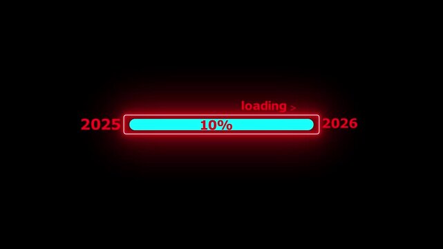 New year 2026 loading bar icon animation. Year changing from 2025 to 2026 on black background 4K video animation.