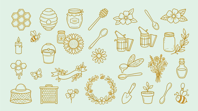 Collection of hand-drawn honey bee and beekeeping related icons and illustrations on a light green background.