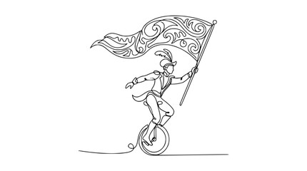 Circus performer in costume riding unicycle, waving decorative flag, one line drawing © Ahmad