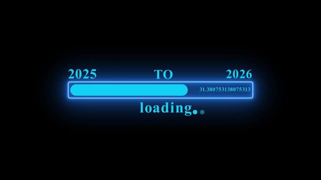 New year 2026 loading bar icon animation. Year changing from 2025 to 2026 on black background 4K video animation.
