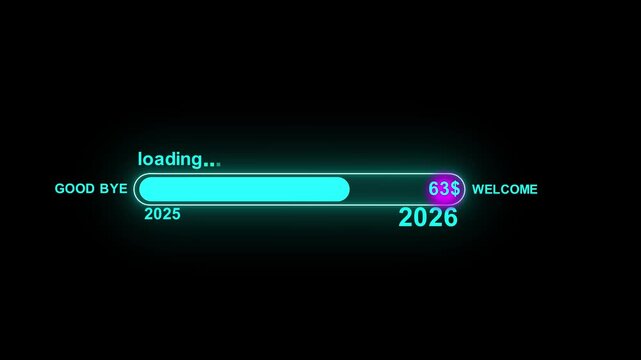 New year 2026 loading bar icon animation. Year changing from 2025 to 2026 on black background 4K video animation.