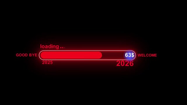 New year 2026 loading bar icon animation. Year changing from 2025 to 2026 on black background 4K video animation.