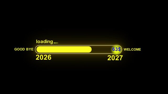 New year 2027 loading bar icon animation. Year changing from 2026 to 2027 on black background 4K video animation.