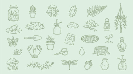 Collection of whimsical hand-drawn illustrations related to gardening and nature. © KN collection