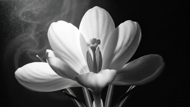 Black and white time-lapse of crocus flower blooming, studio shot under ethereal lighting with water particles.