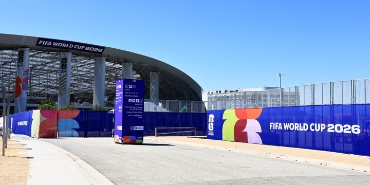 Inglewood, Los Angeles County, California &ndash; June 9, 2026: Exterior view of SoFi Stadium with FIFA World Cup 2026 branding, modern sports and entertainment venue 