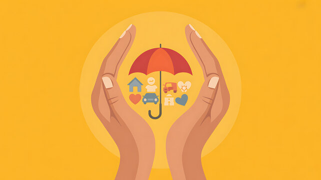 Hands shielding umbrella with insurance symbols, including house, car, and piggy bank protection
