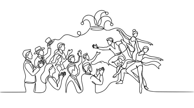 Audience applauds acrobatic performers in jester hat, continuous line art