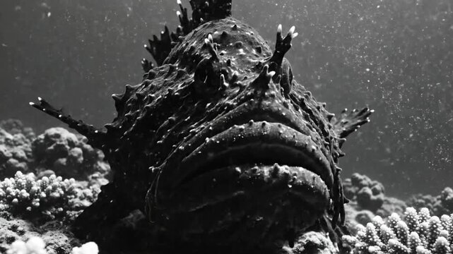 Black and white underwater close-up of a well-camouflaged stonefish with coral