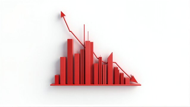 Red graph with city skyline rising then falling arrows on white