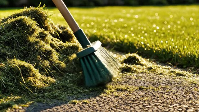 Green broom sweeping a pile of freshly cut grass on a garden path during golden hour