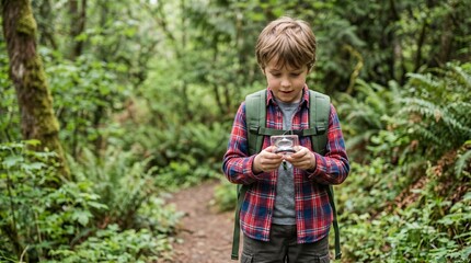 Obraz premium Young boy exploring forest trail during camping adventure with magnifying glass and backpack in lush green nature. concept of nature exploration, outdoor education, children's curiosity.