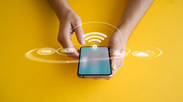 Person holding smartphone with wi-fi signal and on yellow background, mobile phone hands wireless internet